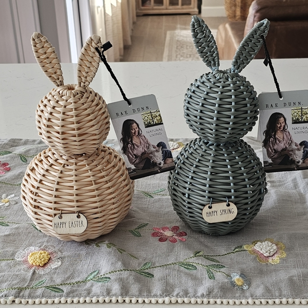 RAE DUNN Happy Easter & Happy Spring Wicker Natural Living Bunny Set *NWT*